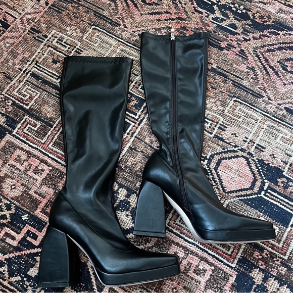 Princess Polly Zayas Black Faux Leather Knee High Heeled Boots 7 - Picture 8 of 10